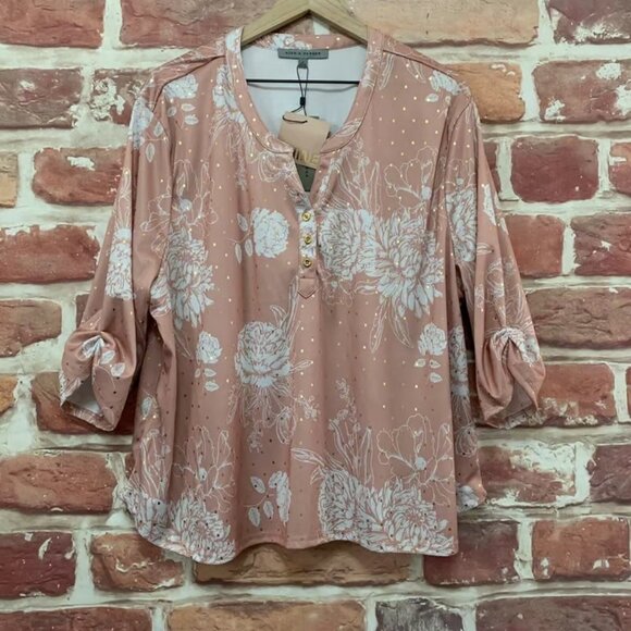 Alex & Parker Tops - Alex & Parker Top Womens 2X Pink White Gold Metallic Floral Ruched Sleeve Blouse